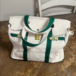 Canvas Tote Bag with Green Trim and Gold Hardware